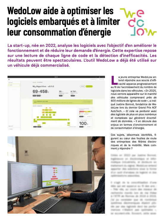 Extrait de l'article consacré à WedoLow dans la rubrique Nouveaux Talents du magazine Ingénieur de l'Auto n°884.